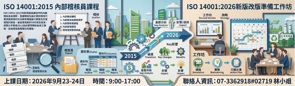 ISO 14001:2015 內部稽核員課程暨 ISO 14001:2026新版改版準備工作坊